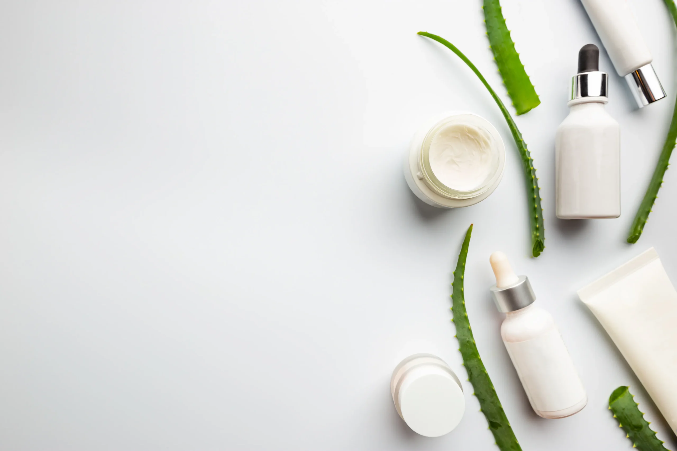 Overhead arrangement of white cosmetic jars, serum dropper bottles, squeeze tubes, and fresh aloe vera leaves on a clean white background.