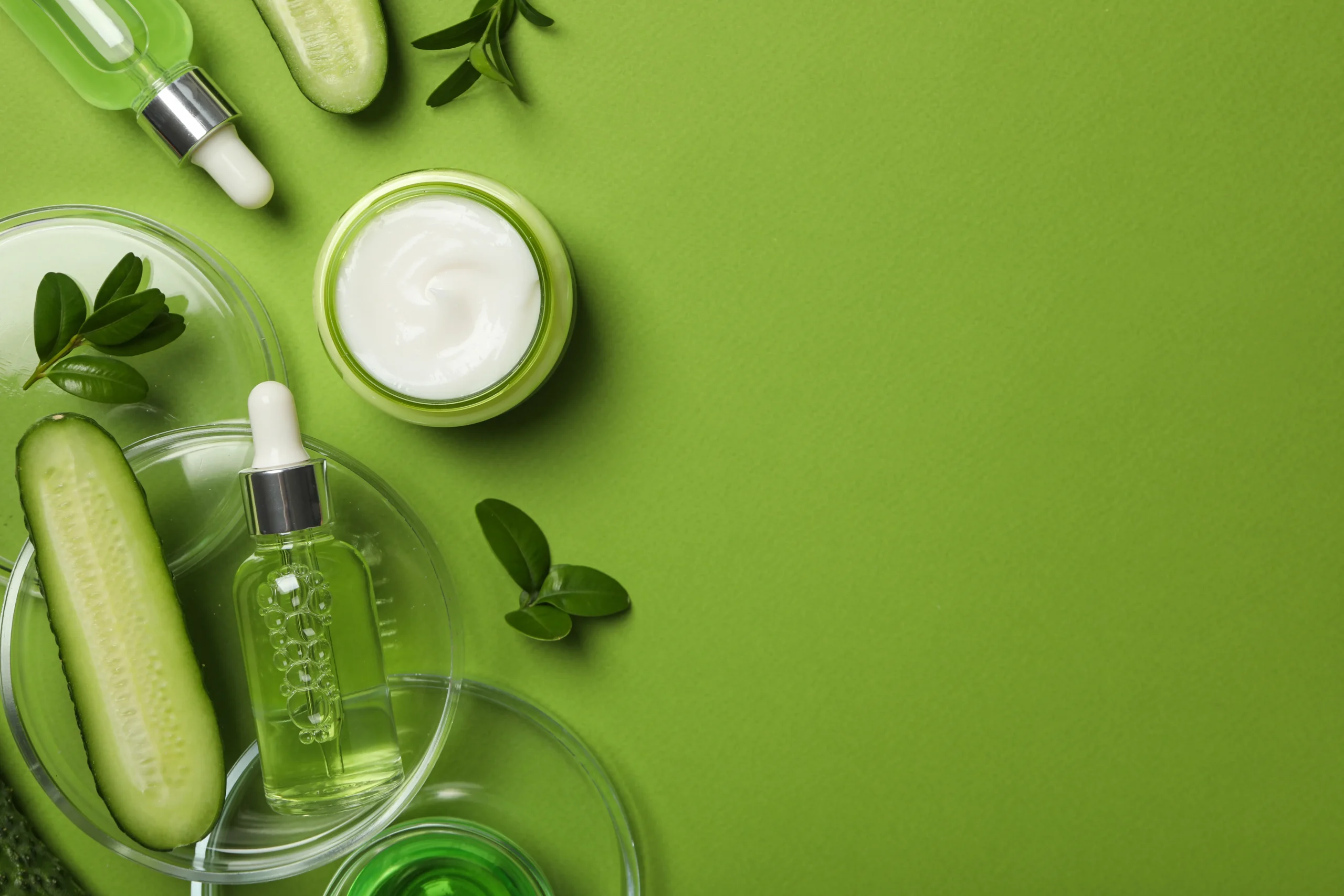 Fresh cucumber slices, open green facial moisturizer jar, and concentrated serum dropper bottle arranged in petri dishes on a green background.
