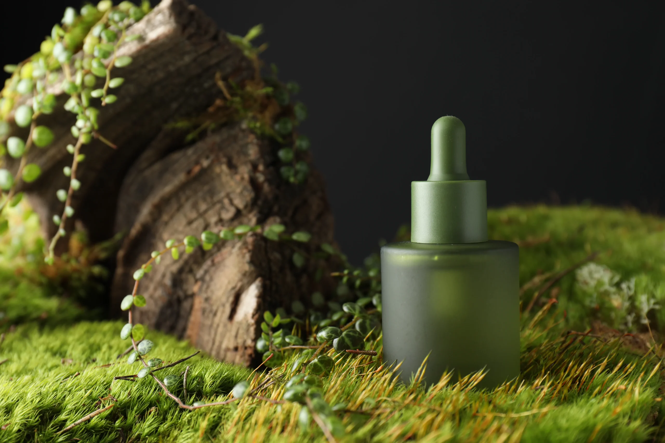 OEM TH Frosted green cosmetic dropper bottle placed in a natural forest terrarium setting with lush green moss, miniature climbing vines, and weathered wood bark.