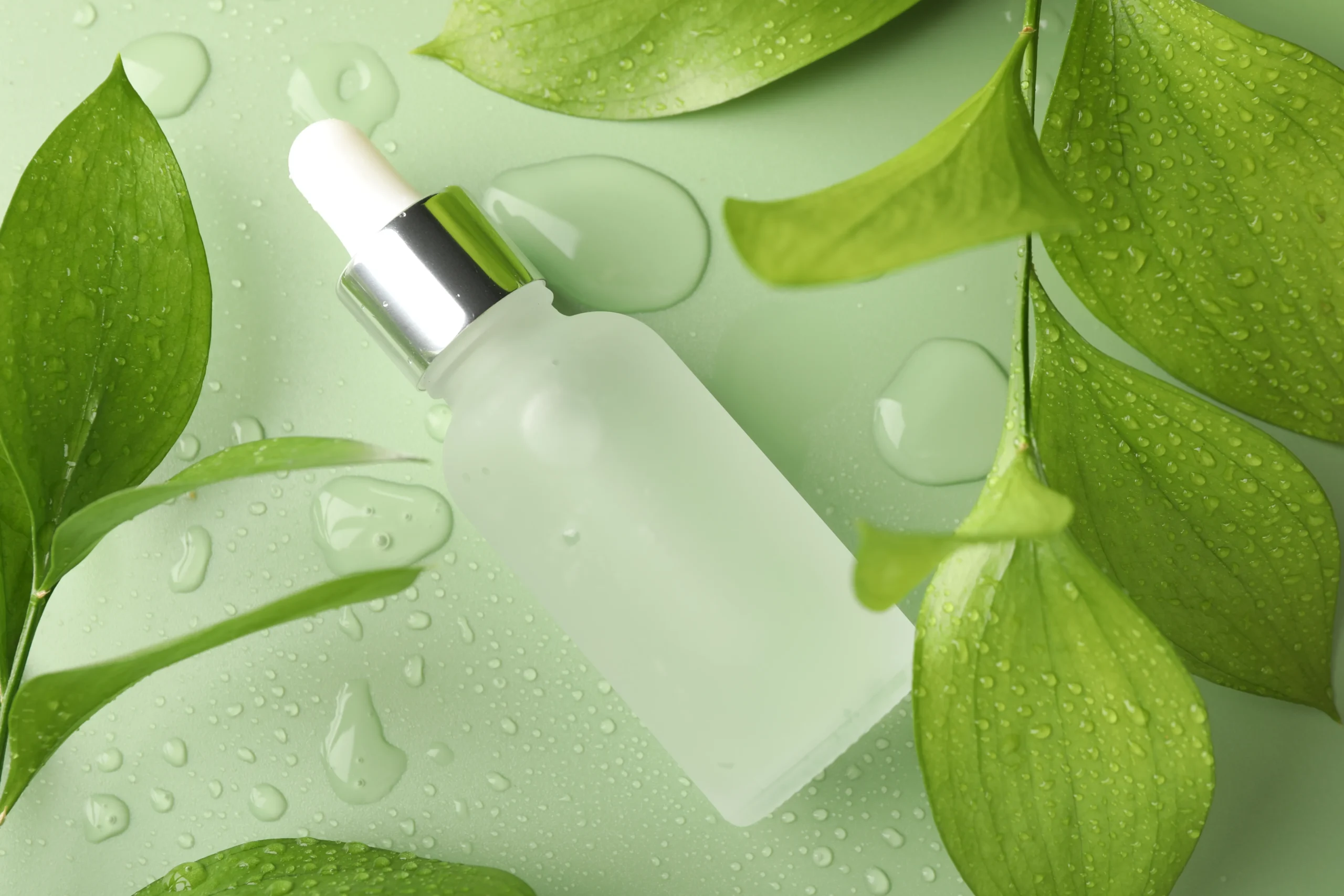 OBM TH Frosted cosmetic dropper bottle lying flat among wet green leaves and clear water droplets on light green surface for hydrating serum OEM.
