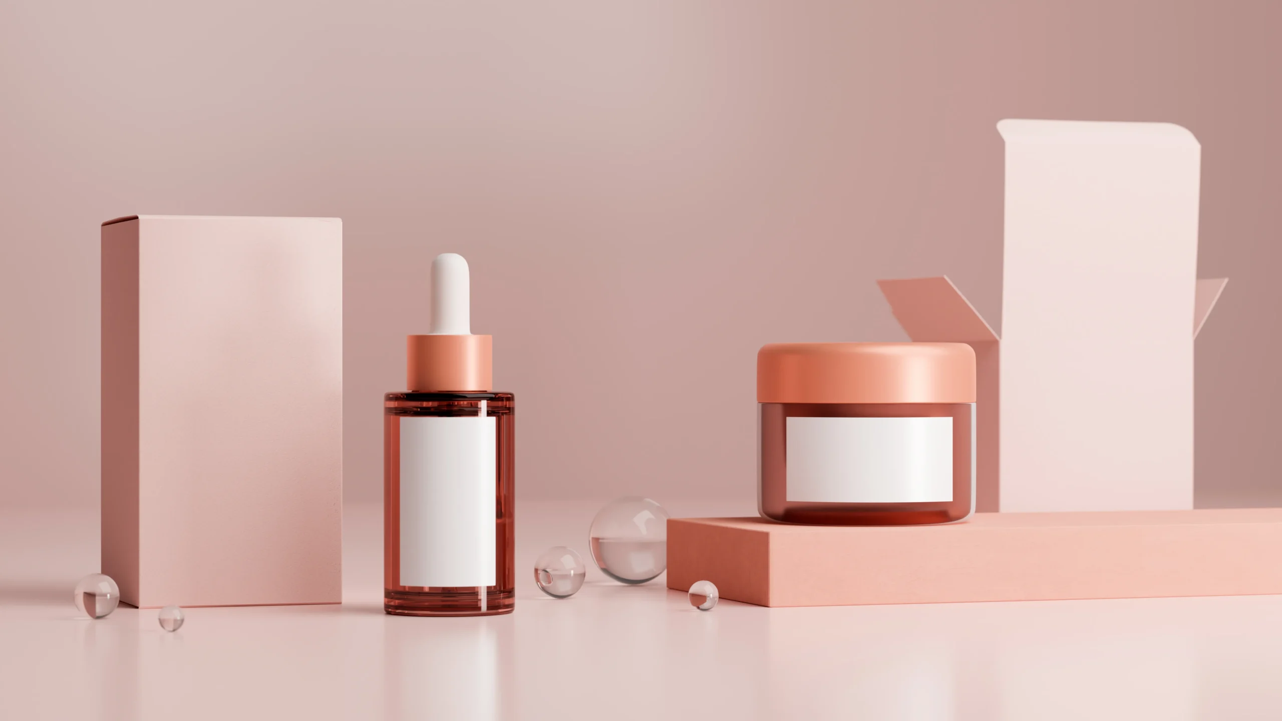 เลขจดแจ้ง และ อย. 3D rendering of an amber cosmetic dropper bottle and face cream jar with blank white labels, custom packaging boxes, and glass spheres on a soft pink background.