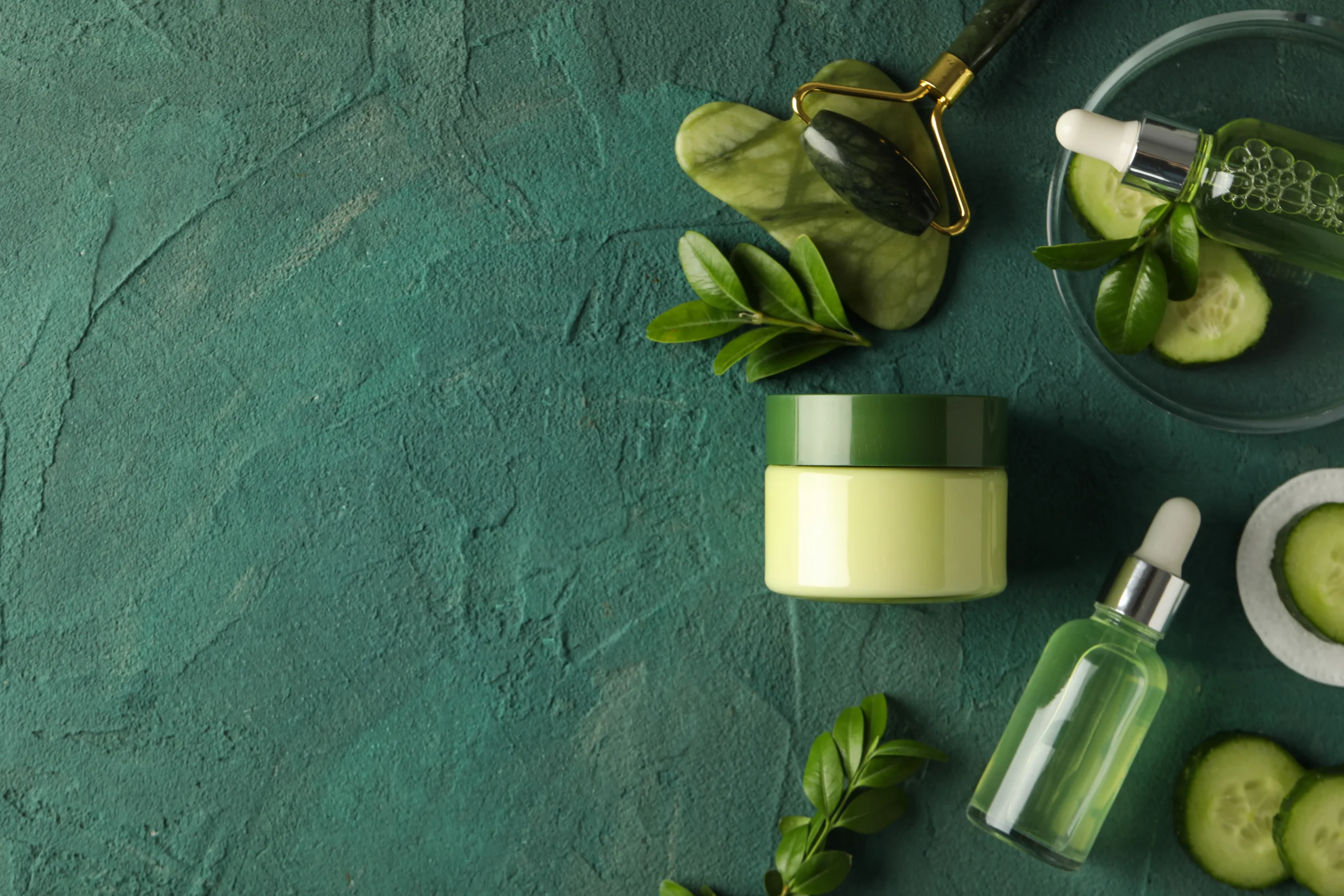 Facial cream jar, green serum droppers, fresh cucumber slices, and a jade facial roller flat lay on dark green textured plaster for private label cosmetics.