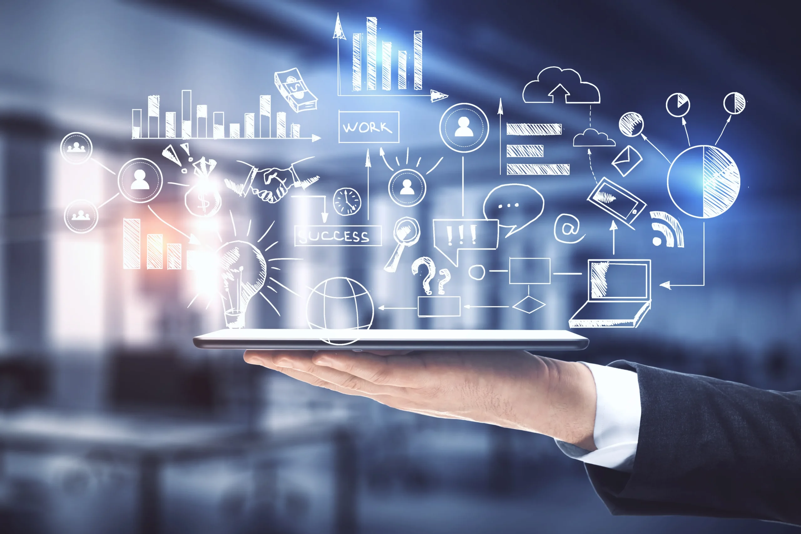 Businessman holding a tablet displaying digital business strategy icons, market analysis graphs, and innovation charts for beauty brand consulting and supplement OEM marketing services.